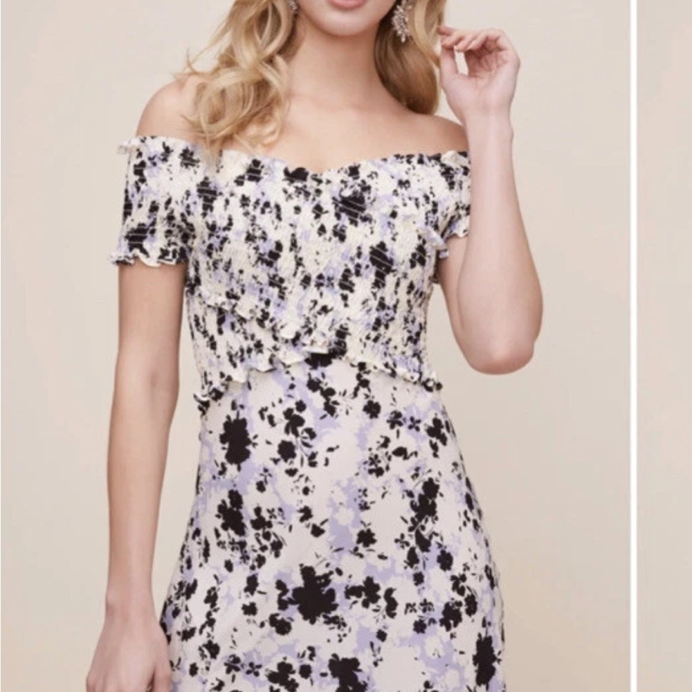 ASTR The Label Off-Shoulder Black Purple Floral Midi Dress Criss Cross Medium